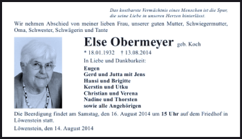 Traueranzeige von Else Obermeyer 