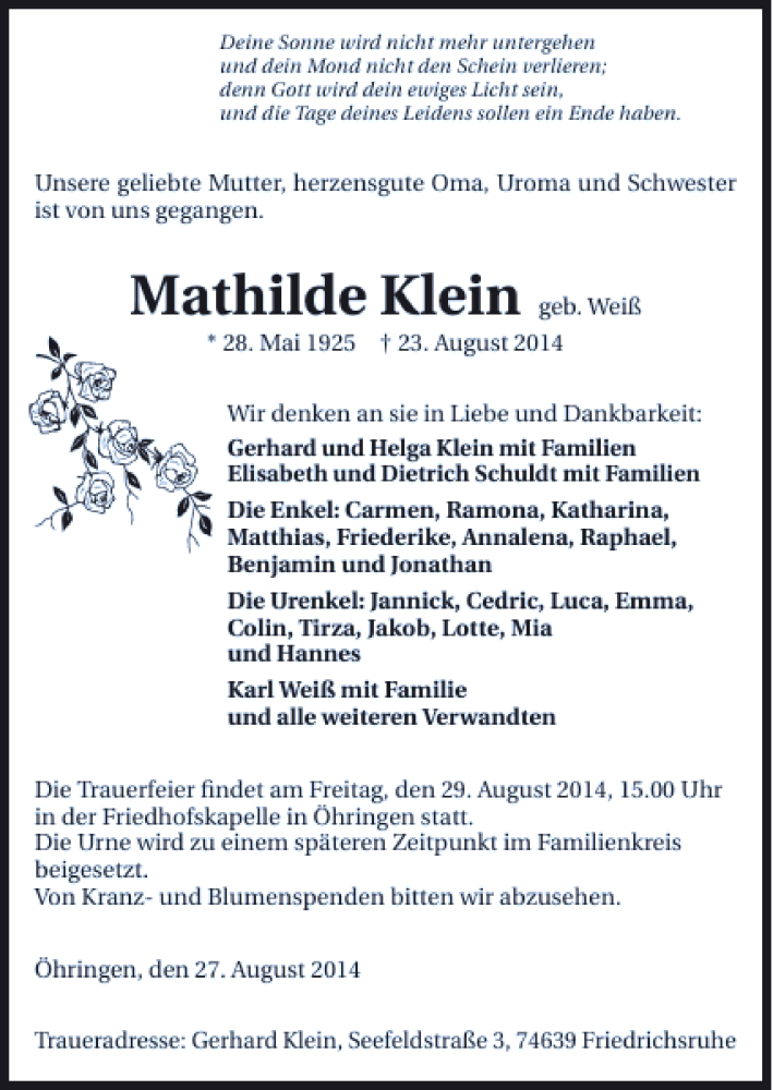  Traueranzeige für Mathilde Klein vom 27.08.2014 aus 