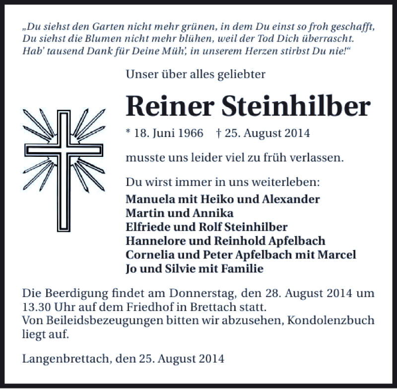  Traueranzeige für Reiner Steinhilber vom 27.08.2014 aus 