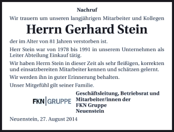 Traueranzeige von Gerhard Stein 