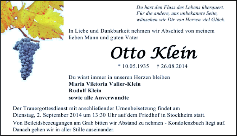  Traueranzeige für Otto Klein vom 29.08.2014 aus 