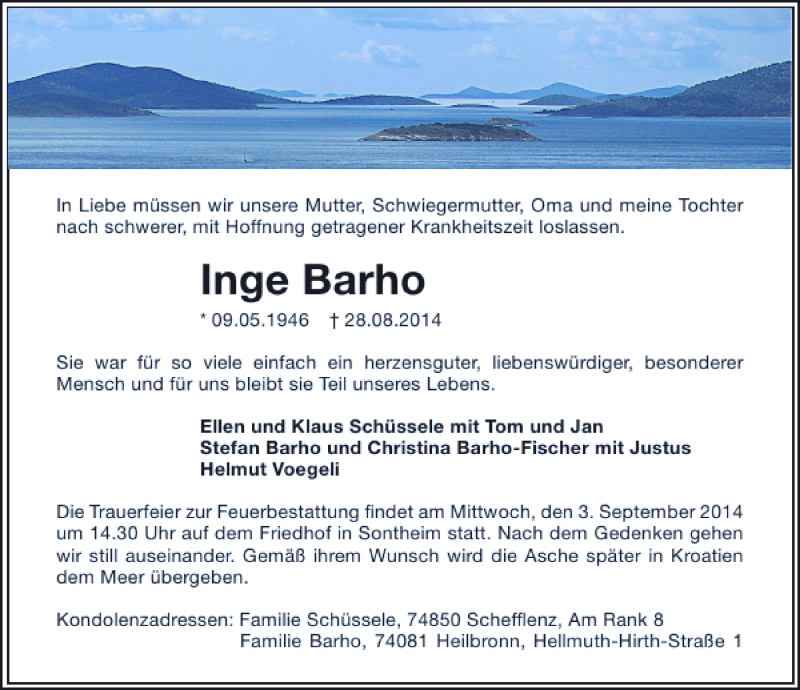  Traueranzeige für Inge Barho vom 30.08.2014 aus 