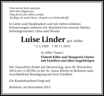 Traueranzeige von Luise Linder 