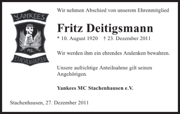 Traueranzeige von WirnehmenAbschiedvonunseremEhrenmitgliedFritz Deitigsma 