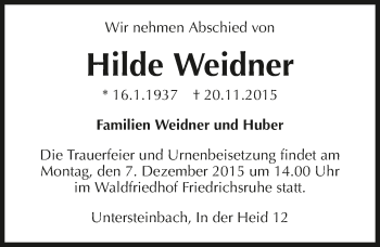 Traueranzeige von Hilde Weidner 