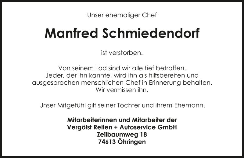  Traueranzeige für Manfred Schmiedendorf vom 01.08.2015 aus 