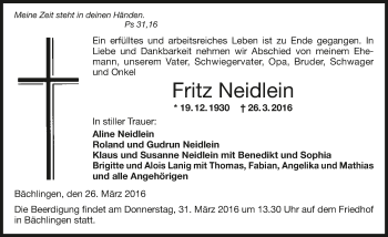 Traueranzeige von Fritz Neidlein 
