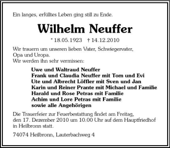 Traueranzeige von Wilhelm Neuffer 