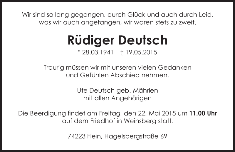  Traueranzeige für Rüdiger Deutsch vom 20.05.2015 aus 