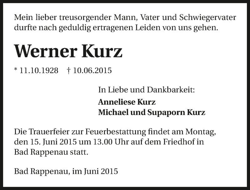  Traueranzeige für Werner Kurz vom 12.06.2015 aus 