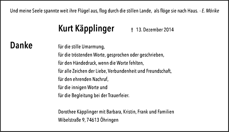  Traueranzeige für Kurt Käpplinger vom 14.01.2015 aus 
