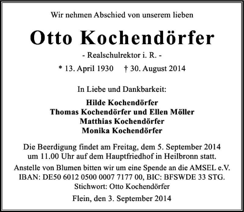  Traueranzeige für Otto Kochendörfer vom 03.09.2014 aus 