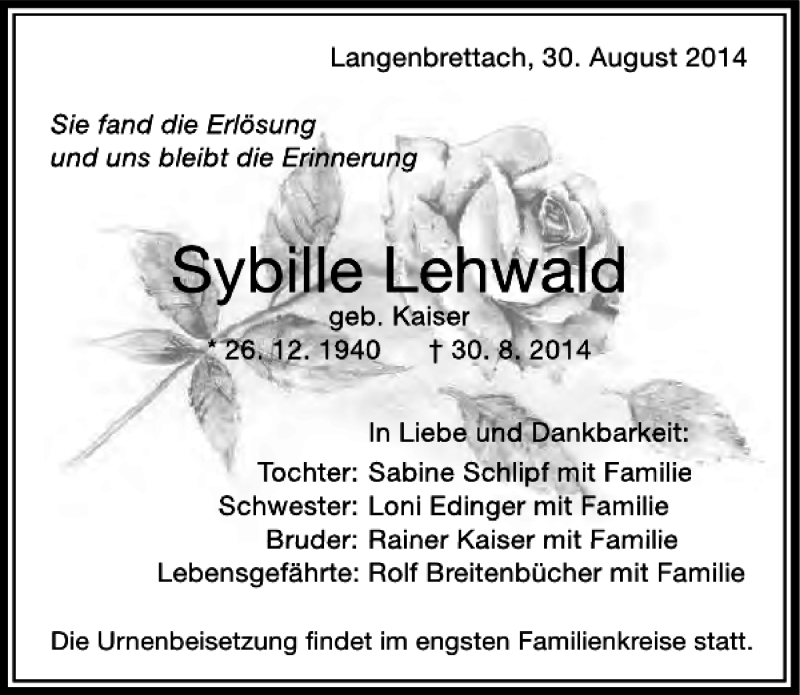  Traueranzeige für LangenbrettachAugustRainerKaiserLebensgefährteRolf Breitenbücher vom 04.09.2014 aus 