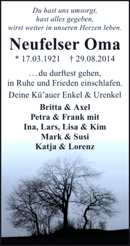  Traueranzeige für Neufelser Oma vom 08.09.2014 aus 