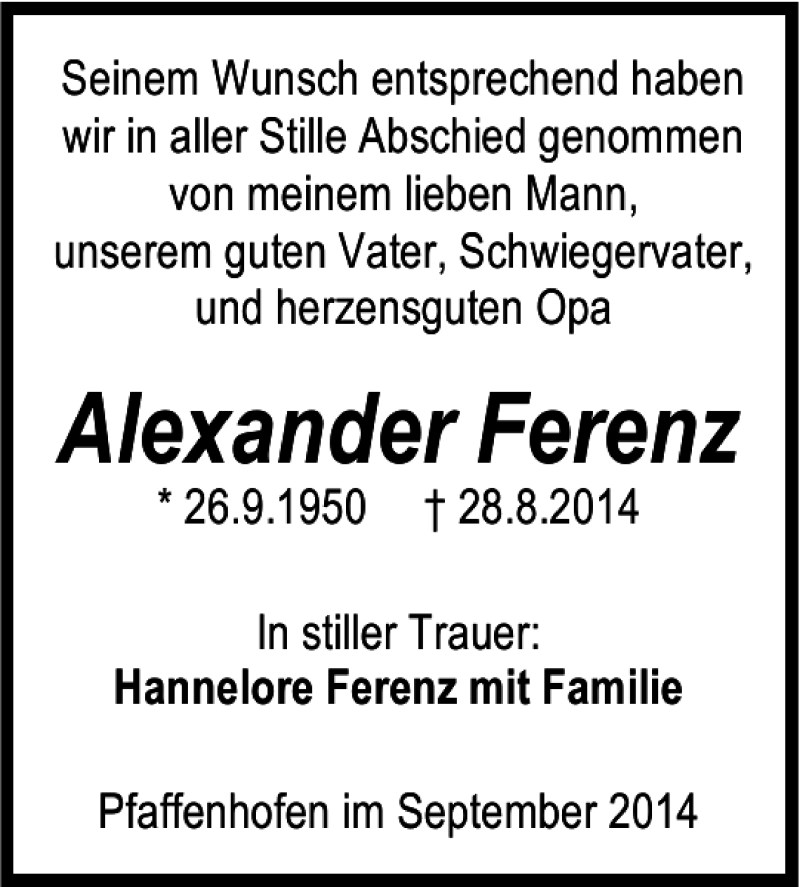  Traueranzeige für Alexander Ferenz vom 08.09.2014 aus 
