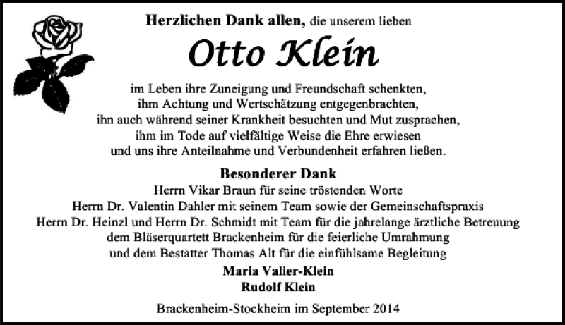  Traueranzeige für Otto Klein vom 12.09.2014 aus 