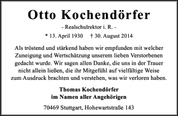 Traueranzeige von Otto Kochendörfer 