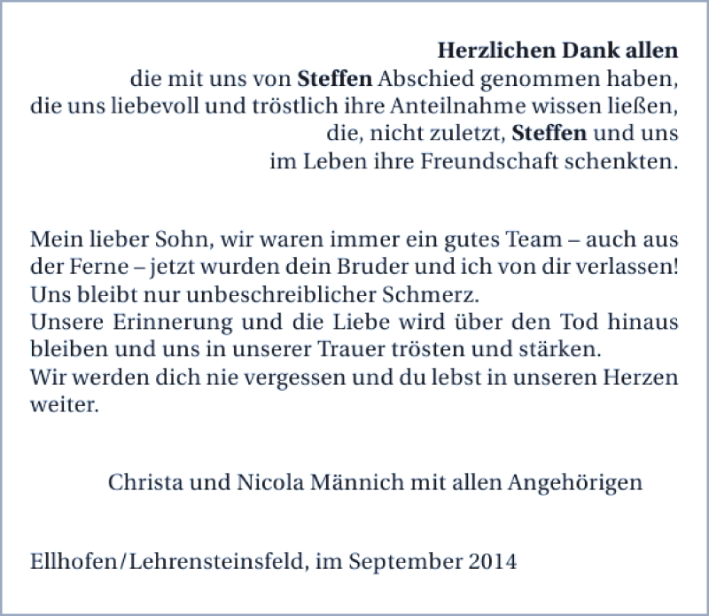  Traueranzeige für Steffen Männich vom 13.09.2014 aus 