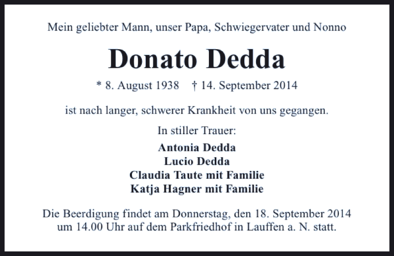  Traueranzeige für Donato Dedda vom 16.09.2014 aus 