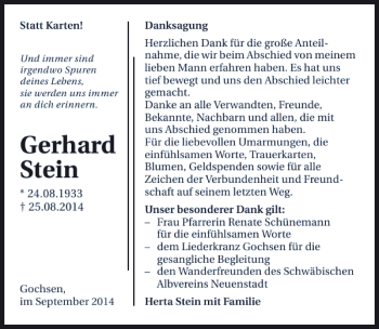 Traueranzeige von Gerhard Stein 