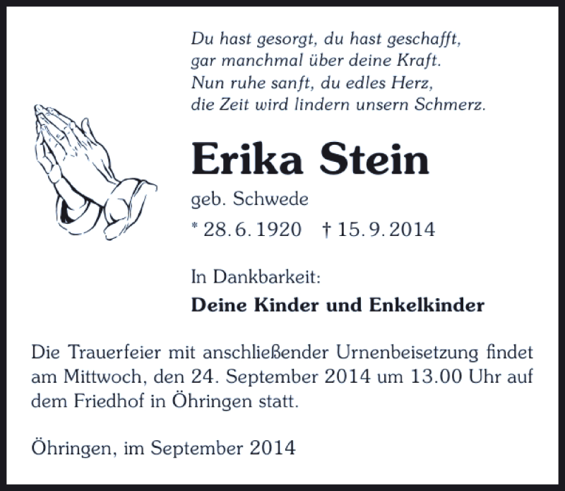 Traueranzeige für Erika Stein vom 20.09.2014 aus 