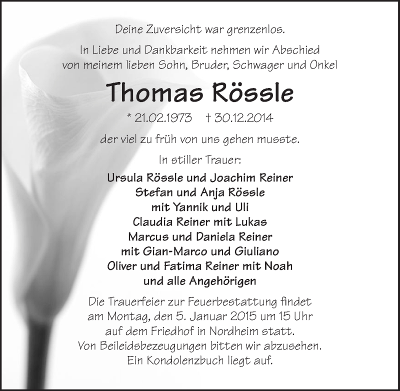  Traueranzeige für Thomas Rössle vom 03.01.2015 aus 