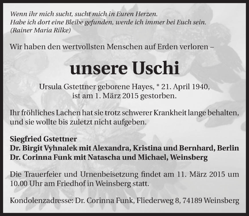  Traueranzeige für Ursula Gstettner vom 07.03.2015 aus 