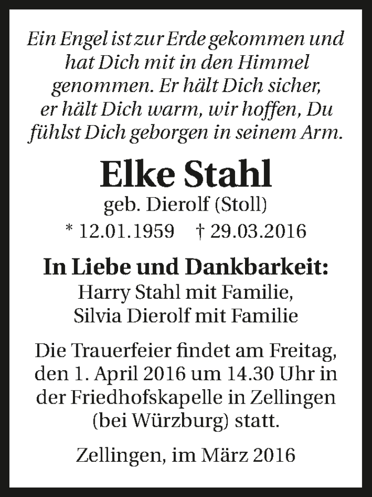  Traueranzeige für Elke Stahl vom 01.04.2016 aus 