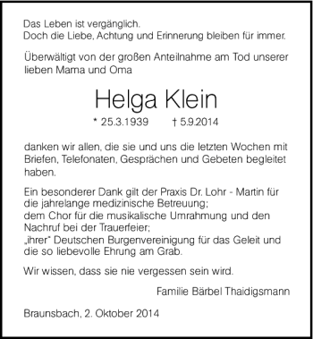 Traueranzeige von Helga Klein 