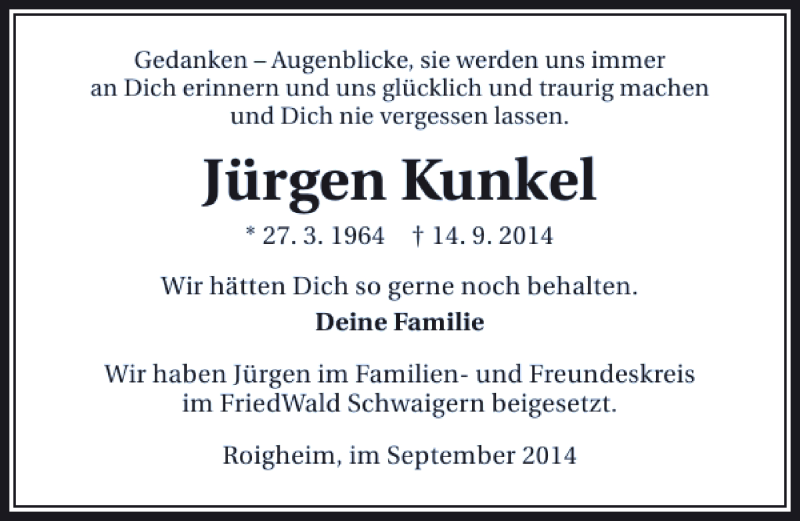  Traueranzeige für Jürgen Kunkel vom 04.10.2014 aus 