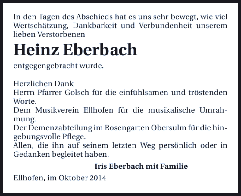  Traueranzeige für Heinz Eberbach vom 04.10.2014 aus 