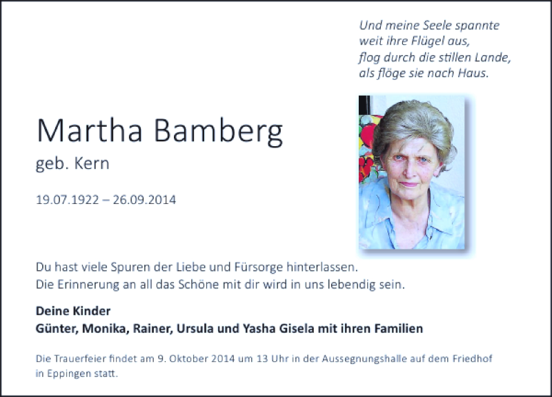  Traueranzeige für Martha Bamberg vom 07.10.2014 aus 