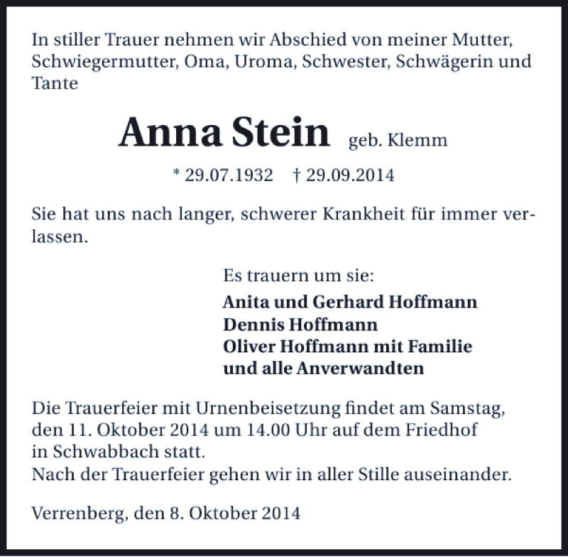  Traueranzeige für Anna Stein vom 08.10.2014 aus 