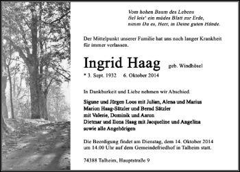 Traueranzeige von Ingrid Haag 