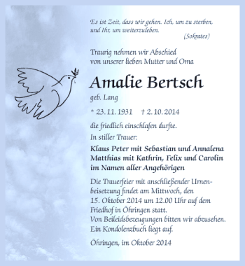 Traueranzeige von Amalie Bertsch 