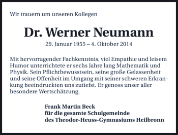 Traueranzeige von Dr. Werner Neumann 