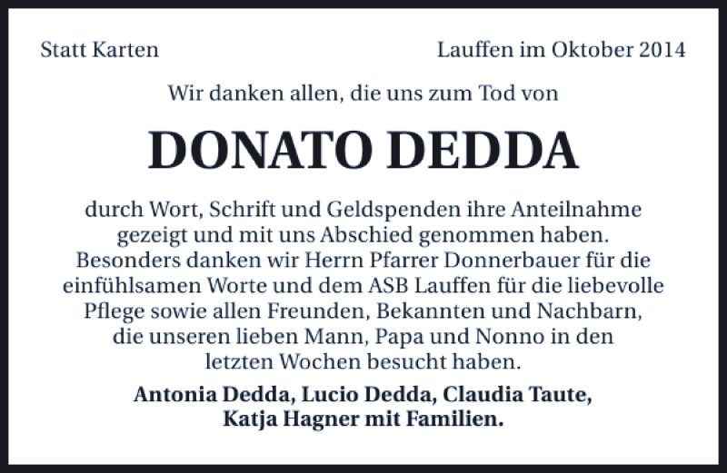  Traueranzeige für Donato Dedda vom 11.10.2014 aus 