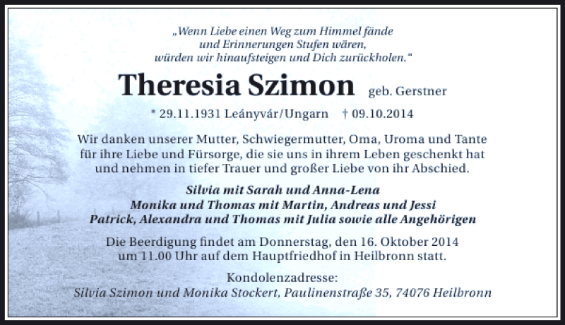  Traueranzeige für Theresia Szimon vom 11.10.2014 aus 