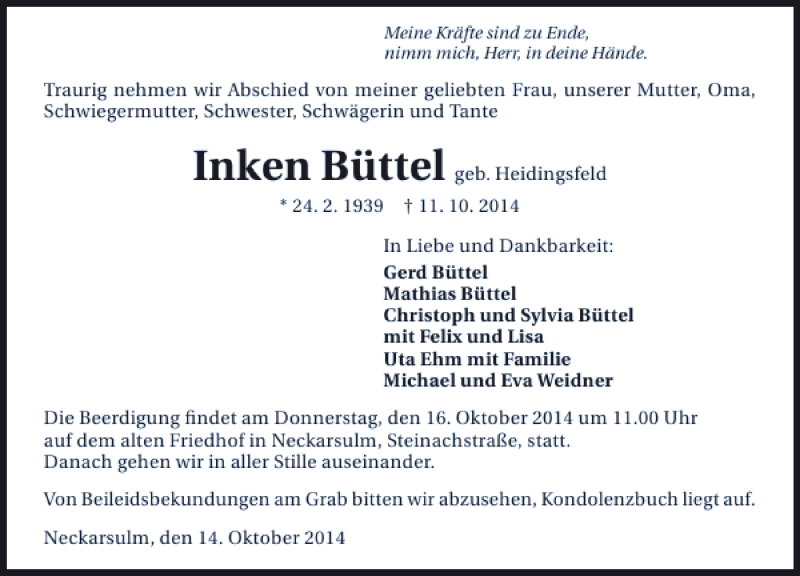  Traueranzeige für Inken Büttel vom 14.10.2014 aus 
