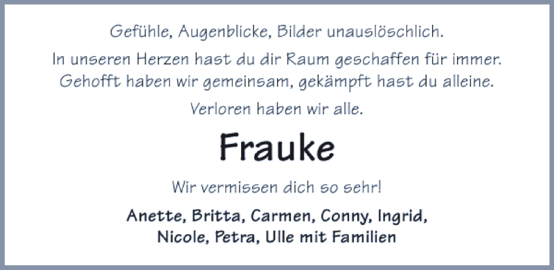  Traueranzeige für Frauke Gemmrich vom 17.10.2014 aus 