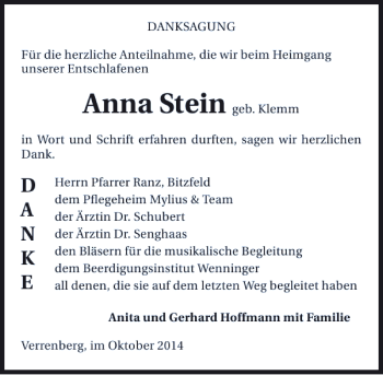 Traueranzeige von Anna Stein 