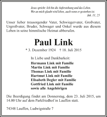 Traueranzeige von Paul Link 