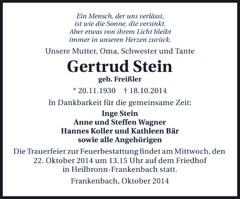  Traueranzeige für Gertrud Stein vom 21.10.2014 aus 