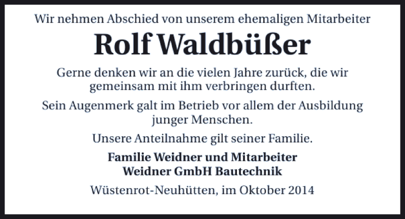  Traueranzeige für Rolf Waldbüßer vom 23.10.2014 aus 