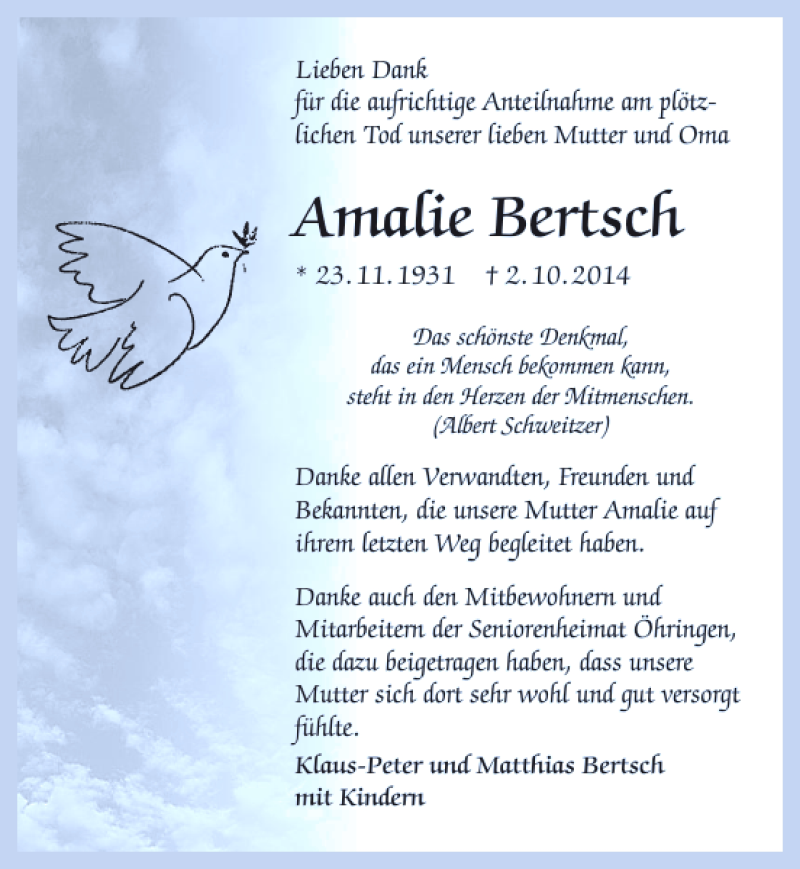  Traueranzeige für Amalie Bertsch vom 24.10.2014 aus 