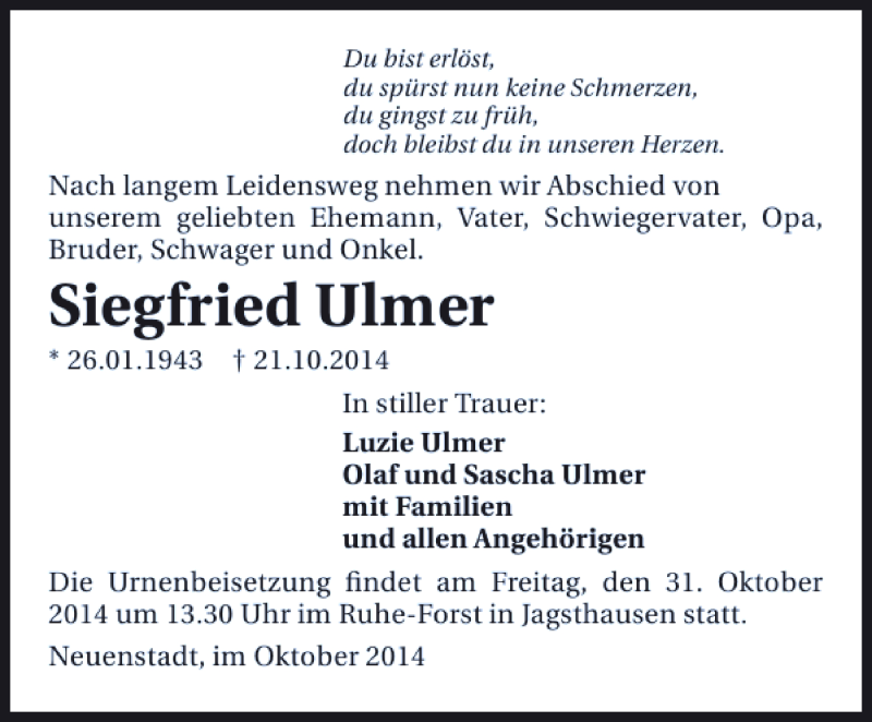  Traueranzeige für Siegfried Ulmer vom 25.10.2014 aus 