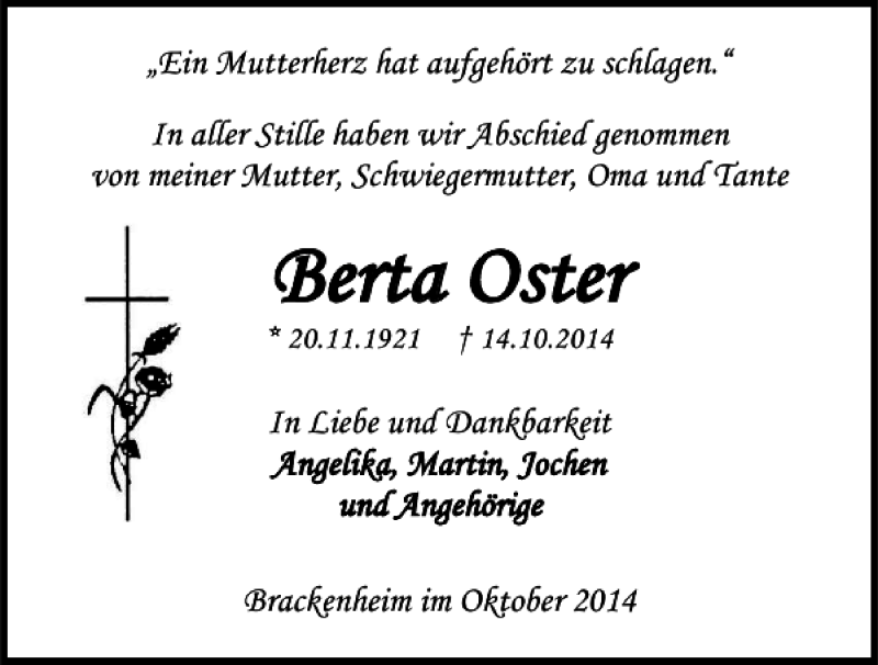  Traueranzeige für Berta Oster vom 28.10.2014 aus 