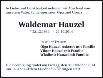 Traueranzeige von Waldemar Hauzel 