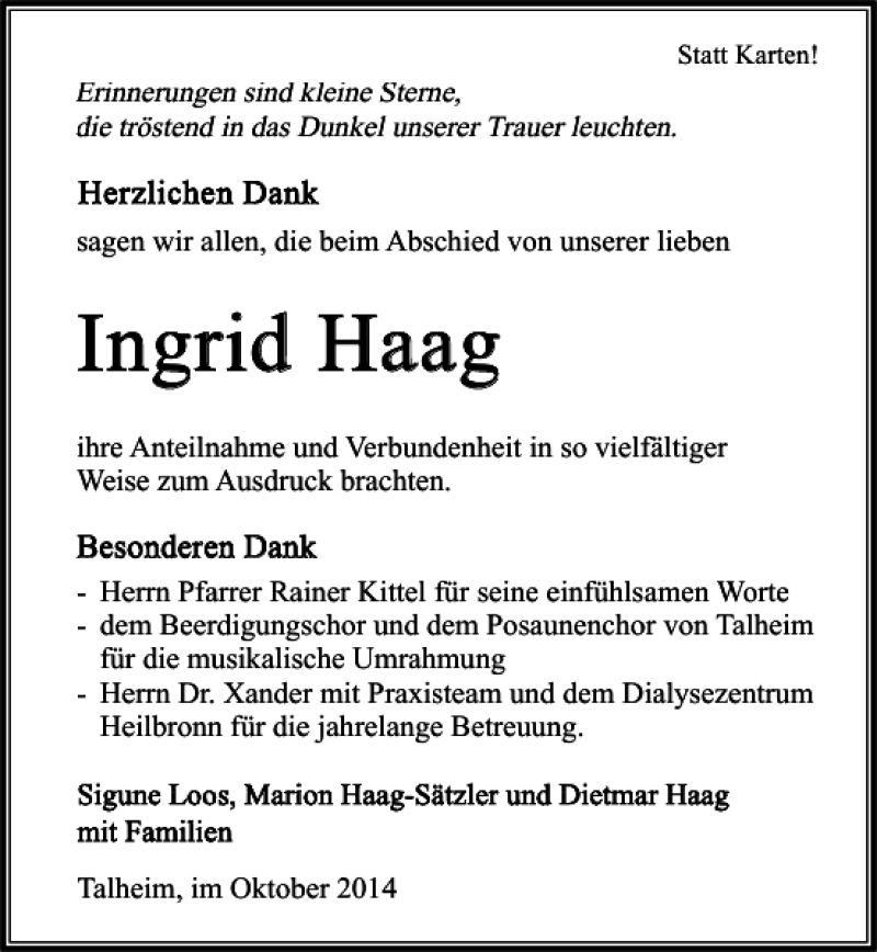  Traueranzeige für Ingrid Haag vom 30.10.2014 aus 