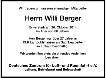 Traueranzeige von Willi Berger 